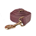 Velvet dog leash in light purple with gold clasp and curved handle clip