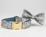 Dusty blue floral dog collar with detachable bowtie and gold hardware