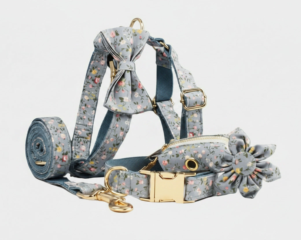 Dusty Blue Floral set: floral collar with bow and flower, plus matching leash