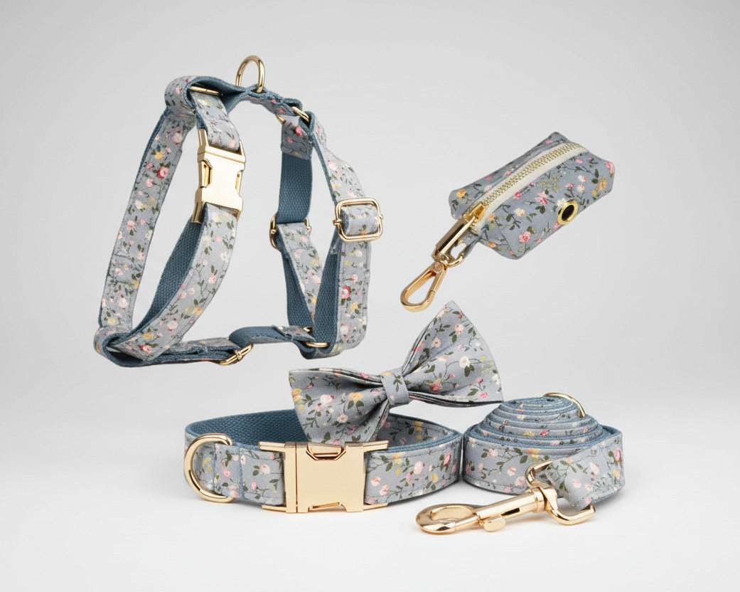 Dusty Blue Floral 4-piece set: harness, leash, collar, bow, and poop bag