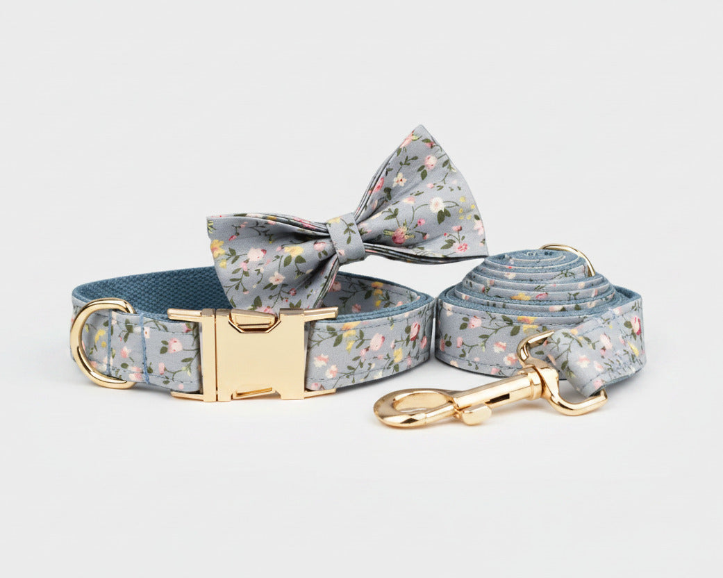 Dusty Blue Floral set: collar with bow and matching leash, gold hardware