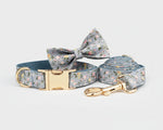 Dusty Blue Floral set: collar with bow and matching leash, gold hardware