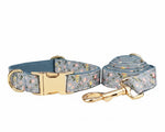 Dusty blue floral dog collar and matching leash set with gold hardware