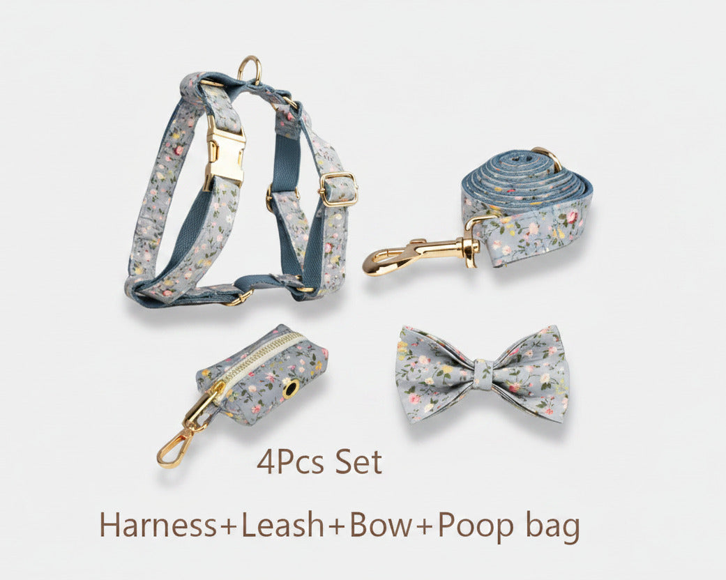 Dusty Blue Floral set: harness, leash, bow tie and poop bag, gold hardware