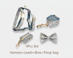 Dusty Blue Floral set: harness, leash, bow tie and poop bag, gold hardware