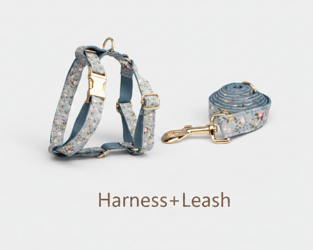 Dusty Blue Floral set: harness and leash with gold buckles, patterned fabric