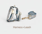 Dusty Blue Floral set: harness and leash with gold buckles, patterned fabric