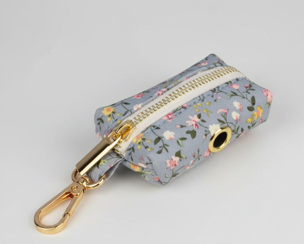 Dusty Blue Floral poop bag holder with gold clip and snap closure