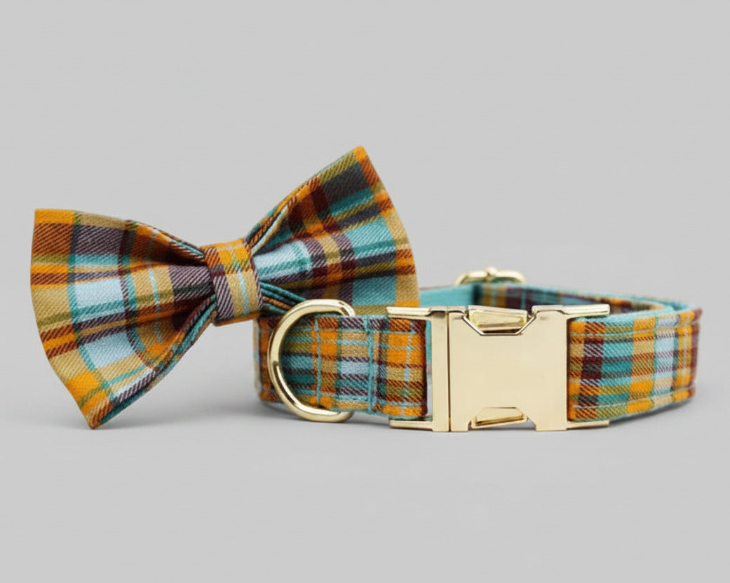 Plaid dog collar with large bow tie and gold-tone square buckle