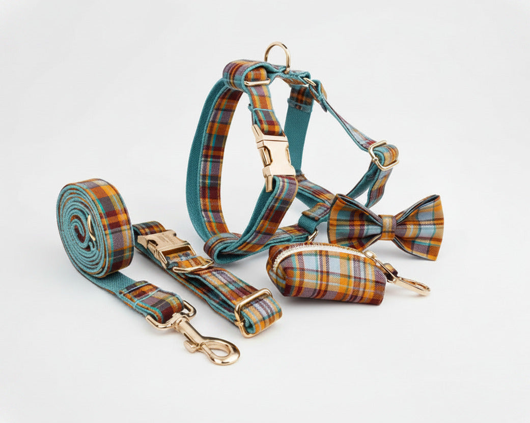 Plaid harness set with leash, poop bag pouch, and matching bow tie