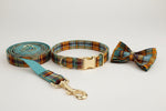 Autumn Blue plaid collar with matching leash and bow tie set