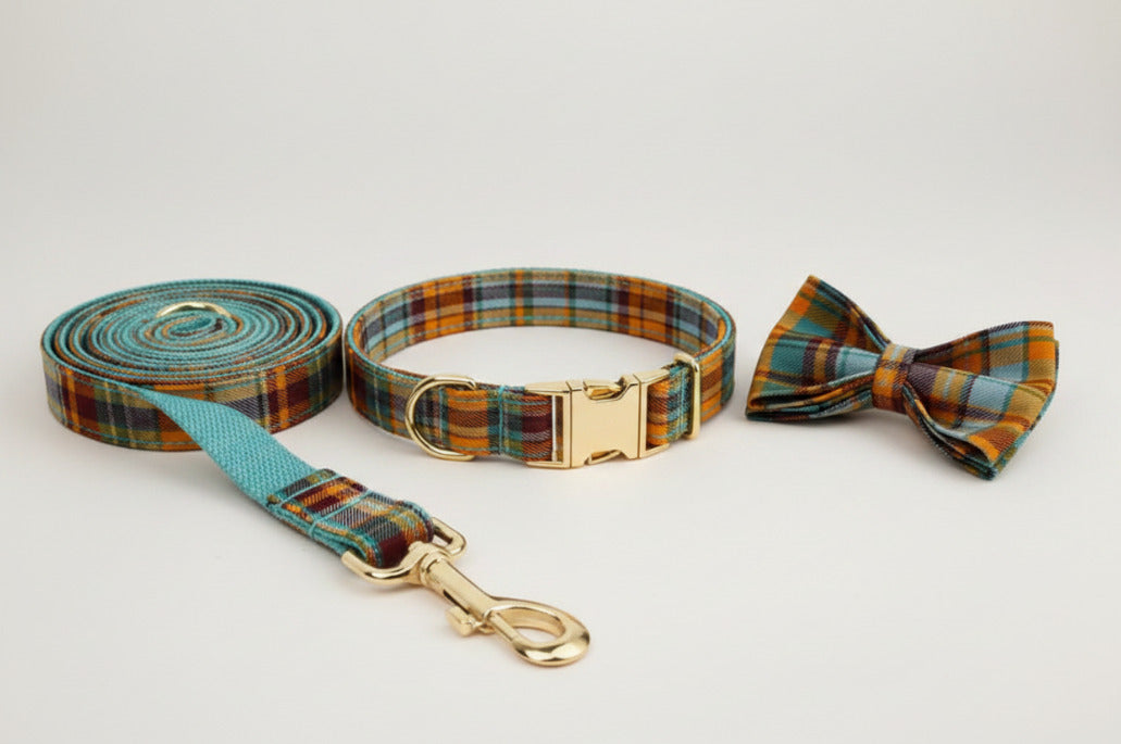 Autumn Blue plaid collar with matching leash and bow tie set