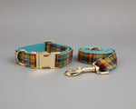 Plaid dog collar and matching leash set with gold-tone metal buckle