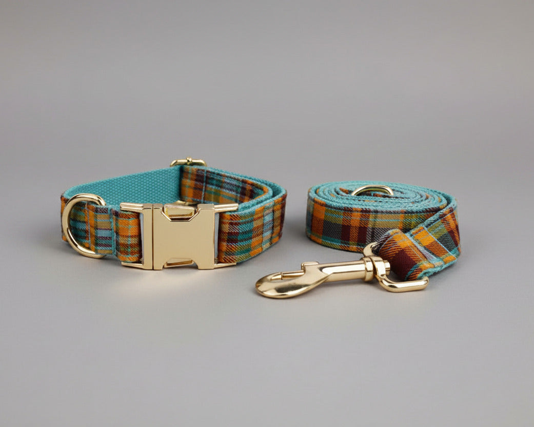 Plaid dog collar and matching leash set with gold-tone metal buckle