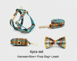 4-piece plaid pet set: harness, leash, bow tie, and poop bag