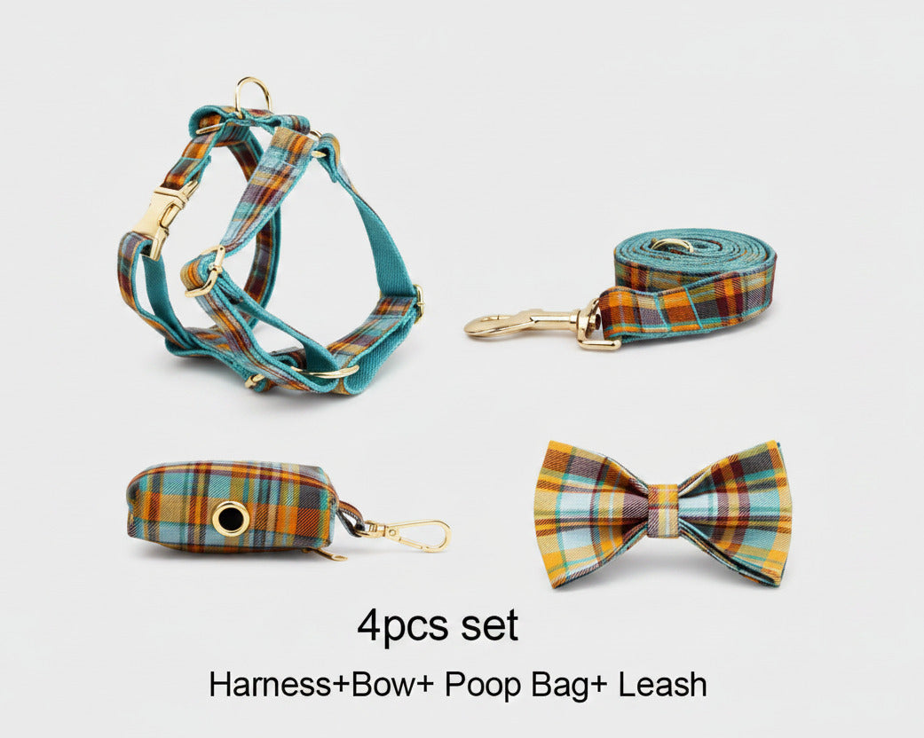 4-piece plaid pet set: harness, leash, bow tie, and poop bag