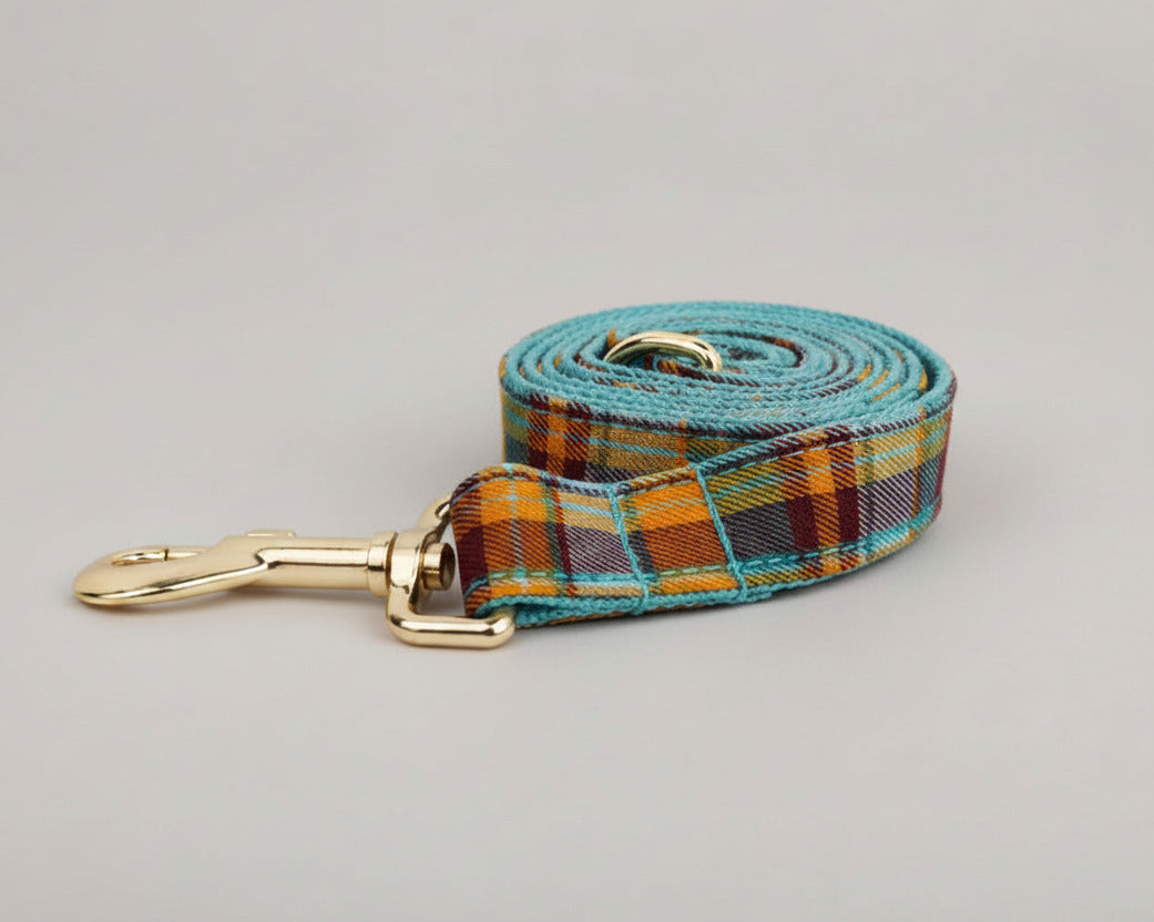 Plaid dog leash in teal and orange with gold-tone clasp
