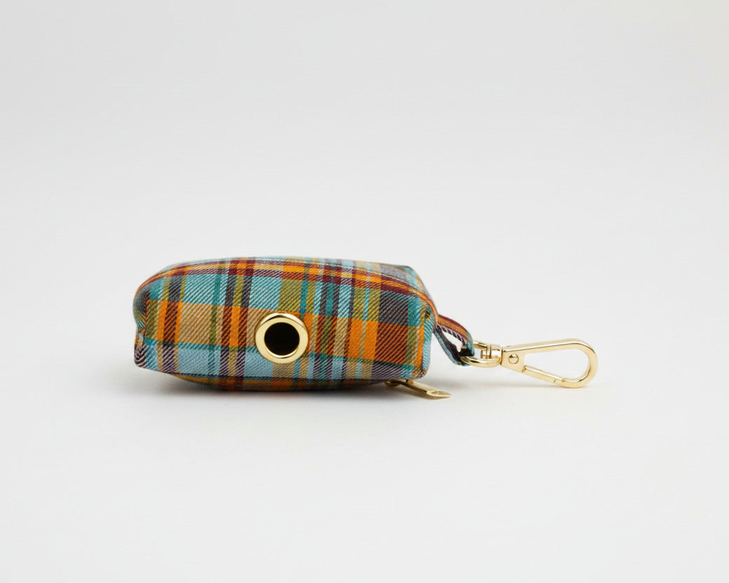 Plaid poop bag holder pouch with metal clip and round eyelet