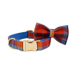 Plaid dog collar with gold-tone buckle and red, blue, orange check pattern