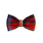 Plaid bow tie for dogs with gold center strap, red-blue-orange check pattern