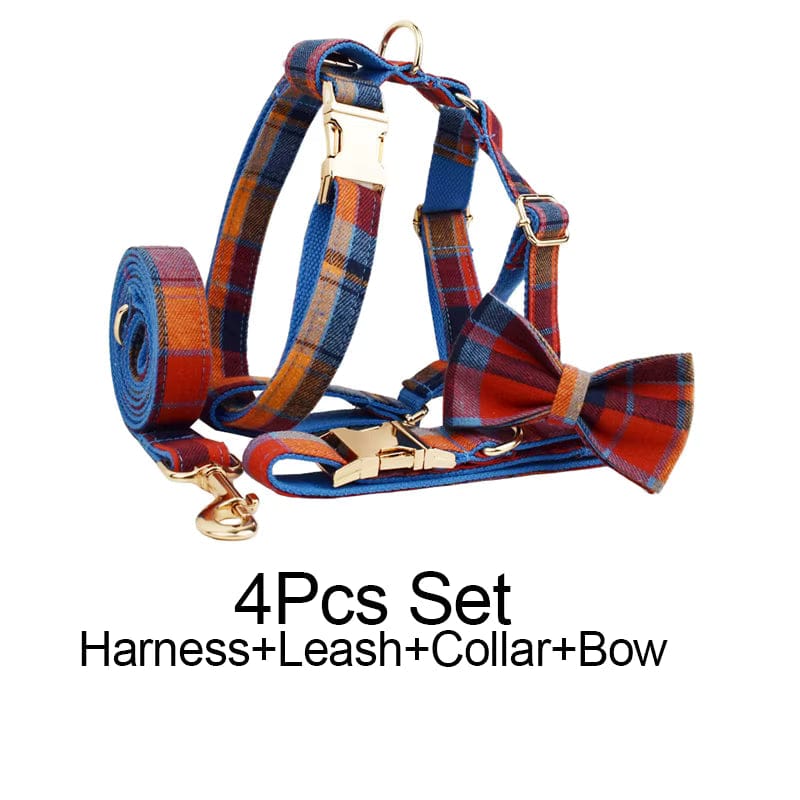 Plaid dog harness, collar, and bow set with gold-tone hardware, red-blue check pattern