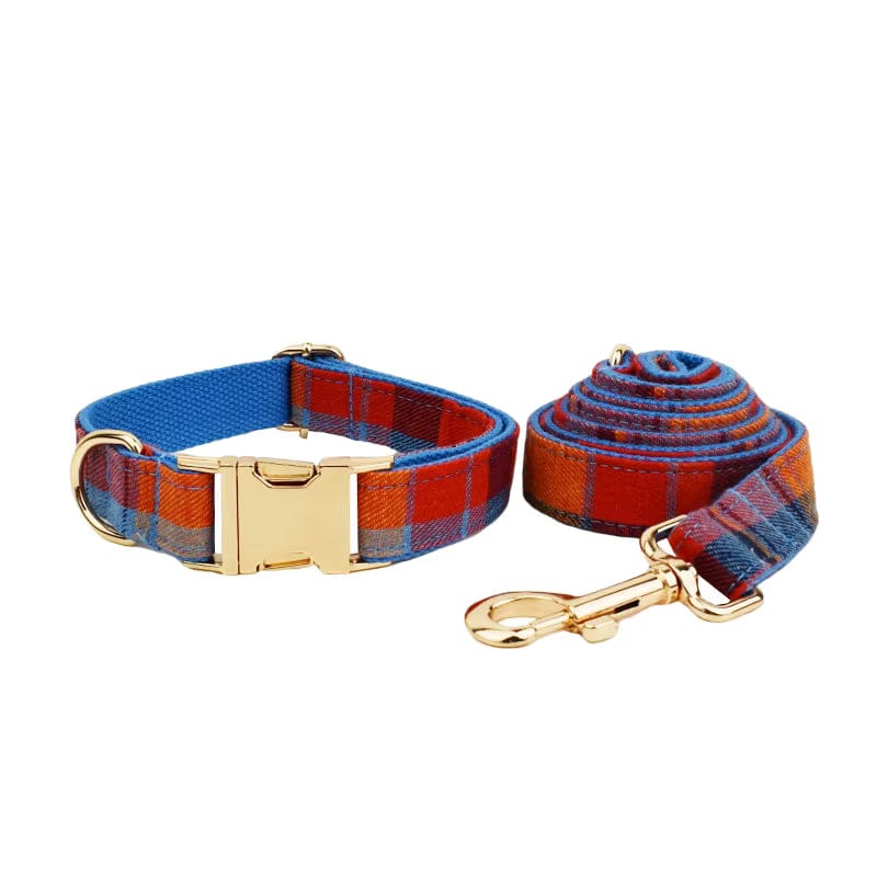 Plaid dog collar and leash set with gold-tone hardware in red-blue-orange checks