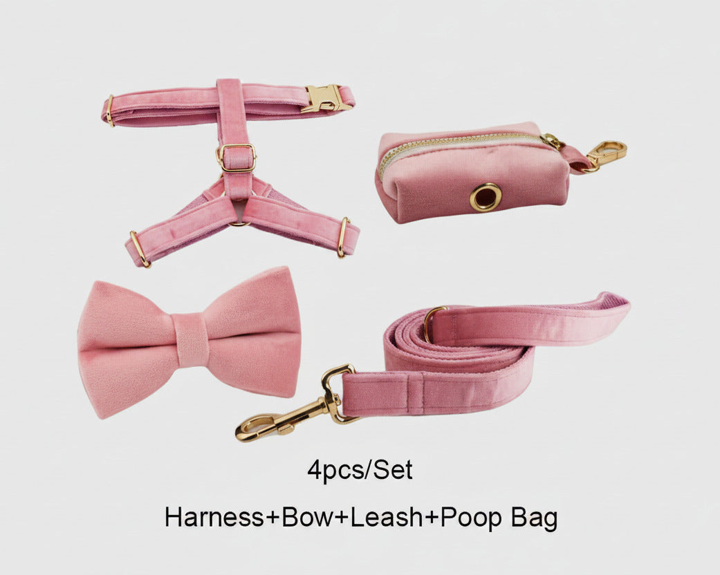 Pink velvet set 4-piece: harness, bow collar, leash, and poop bag