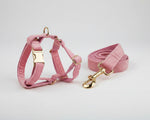 Pink velvet set: pink harness with leash and gold clasps