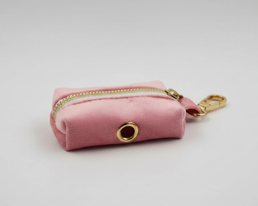 Pink velvet poop bag holder with gold ring and clasp