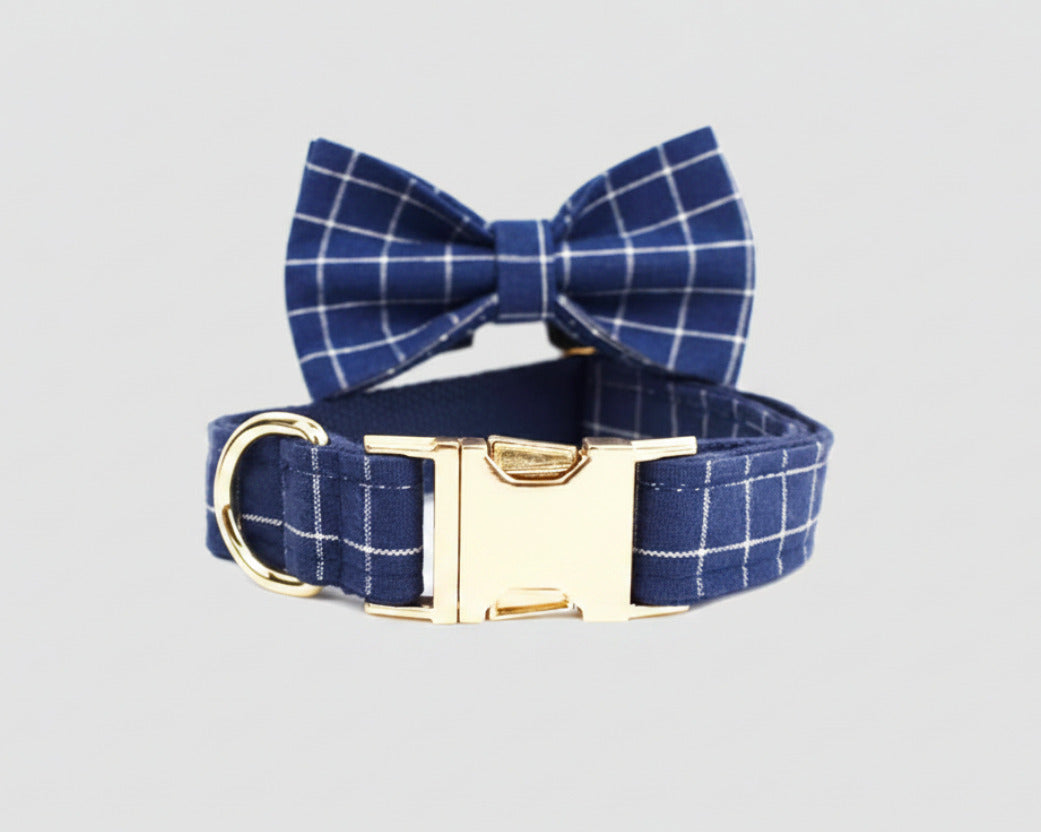 Dark blue plaid collar with matching bowtie and gold clasp