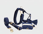 Plaid Dark Blue Set: kariertes Halsband, Leash, Fliege und Poop Bag mit Clip