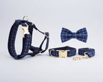 Plaid Dark Blue Set: kariertes Halsband mit Leash, goldene Beschläge, Fliege
