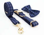 Plaid Dark Blue Set: kariertes Leash mit goldenen Clips und Fliege