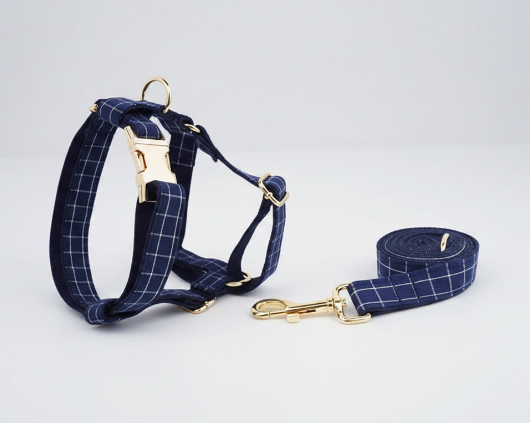 Plaid Dark Blue Set: kariertes Hundegeschirr mit Leash und goldenen Schnallen