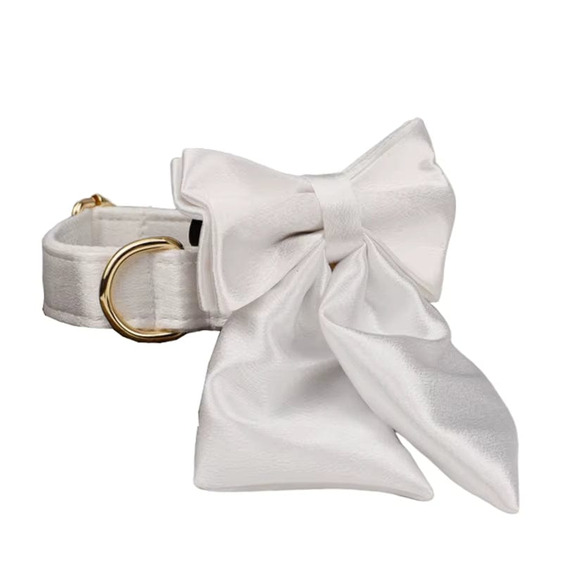 White satin bowtie collar with gold buckle and long tails
