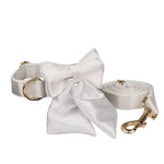 White satin bow tie collar set with matching leash and gold hardware
