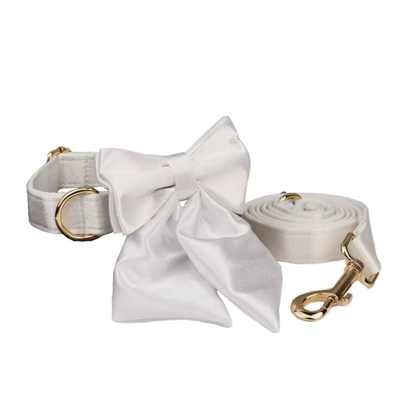 White satin bow tie collar set with matching leash and gold hardware