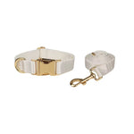 White satin dog collar and matching white satin leash set with gold hardware