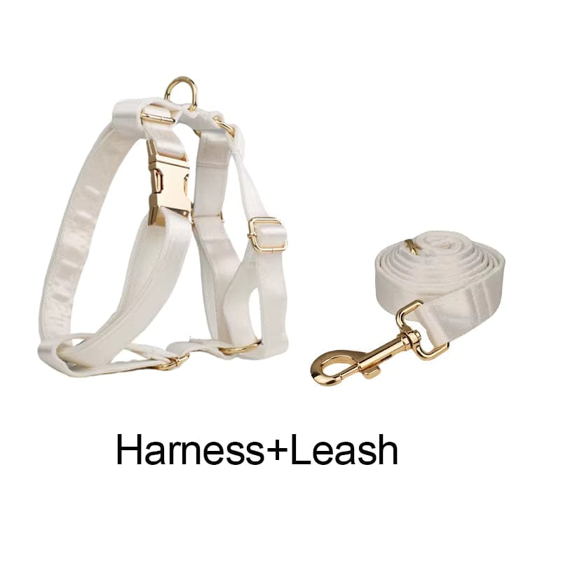 White satin pet harness with matching white satin leash and gold buckles