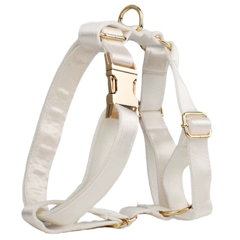 White satin pet harness with gold hardware and front strap buckles