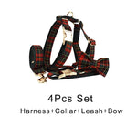 Red tartan dog harness with collar and leash accents, gold hardware
