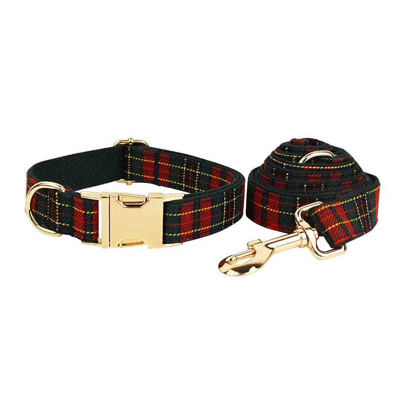 Red tartan pet collar and matching leash with gold hardware set