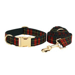 Red tartan pet collar and matching leash with gold hardware set