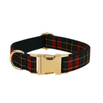 Red tartan dog collar with gold hardware and adjustable buckle