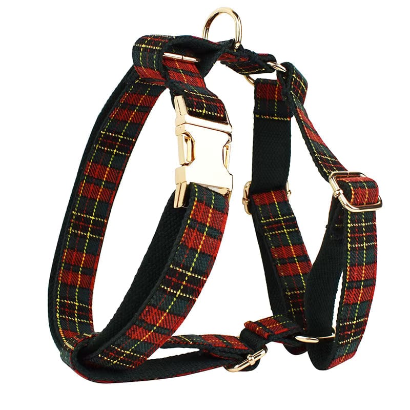 Red tartan dog harness with gold buckles and D-ring