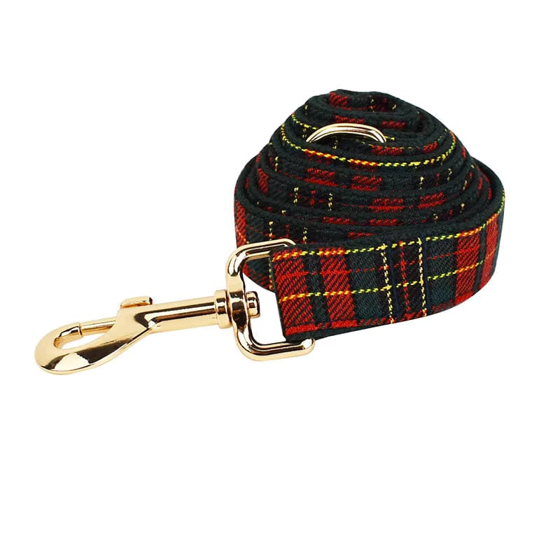 Red tartan leash with gold clips and metal clasp