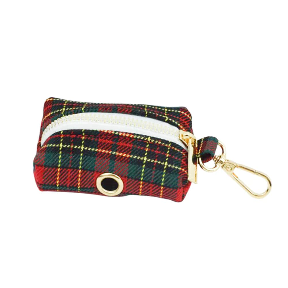 Red tartan poop bag holder with gold clip and metal ring