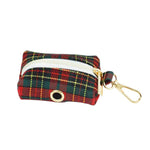 Red tartan poop bag holder with gold clip and metal ring
