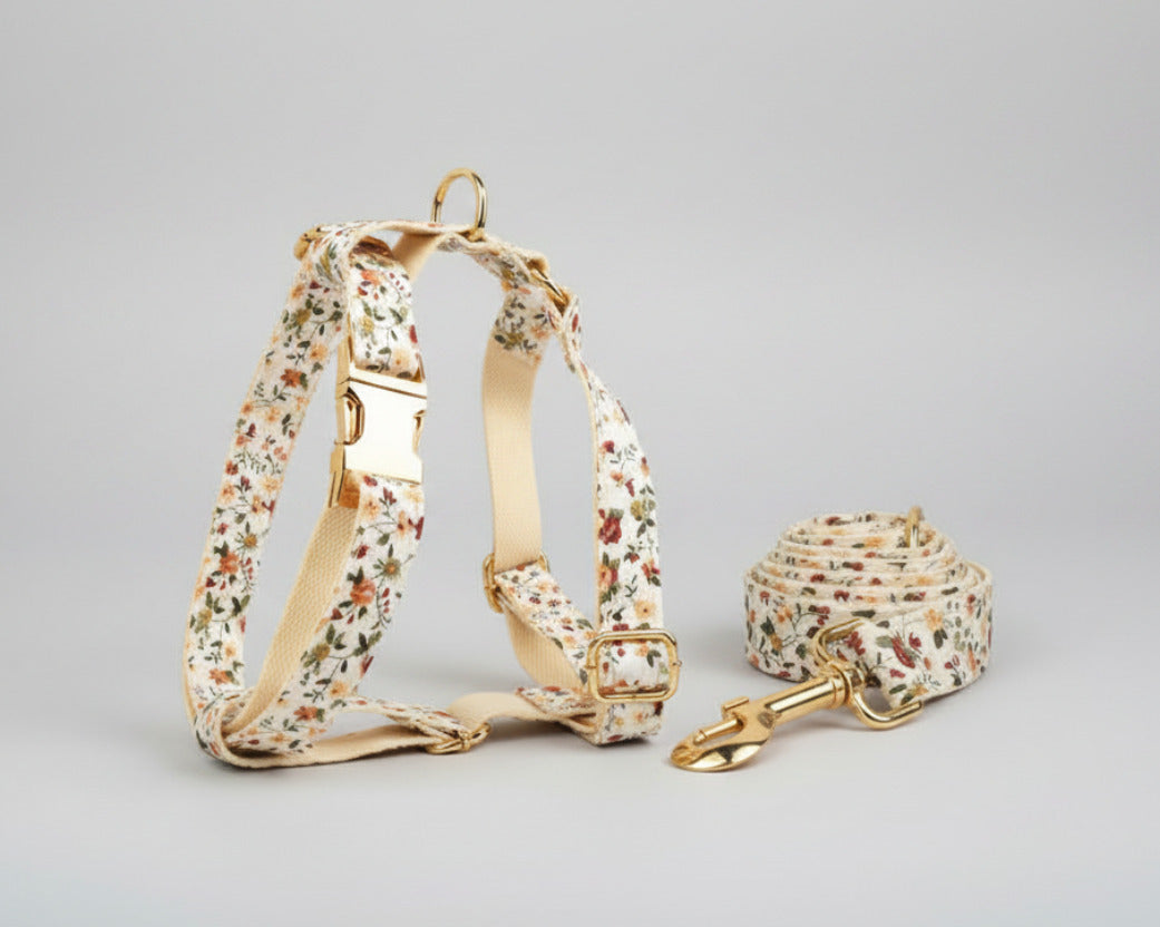 Floral dog harness and leash set with ivory fabric and gold clips, all-over blossom pattern