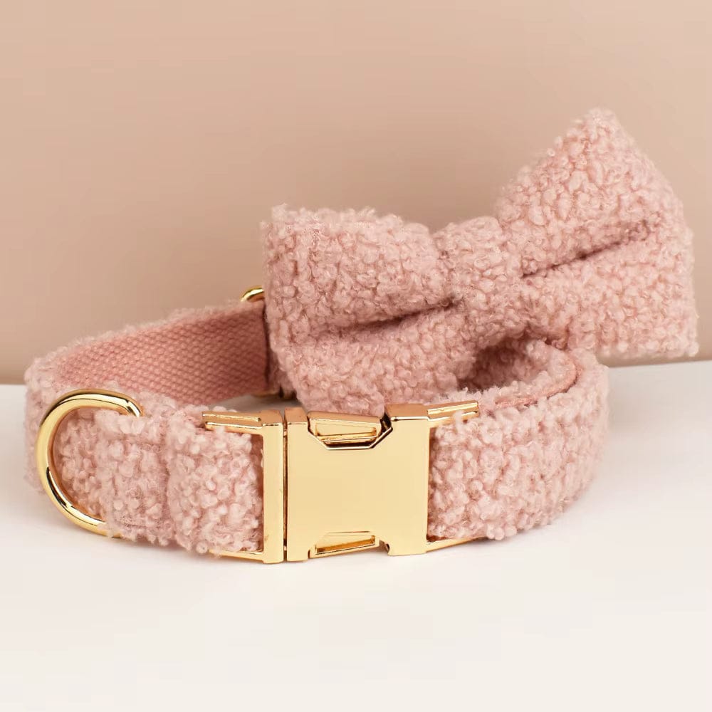 Blush pink teddy dog collar with gold metal buckle and engraved ID plate